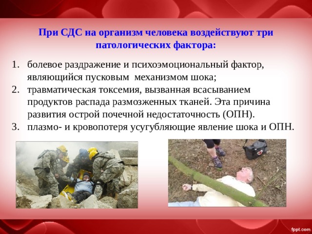 При СДС на организм человека воздействуют три патологических фактора: болевое раздражение и психоэмоциональный фактор, являющийся пусковым механизмом шока; травматическая токсемия, вызванная всасыванием продуктов распада размозженных тканей. Эта причина развития  острой почечной недостаточность (ОПН). плазмо- и кровопотеря усугубляющие явление шока и ОПН. 