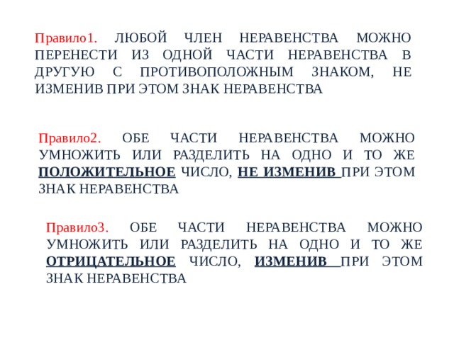 Правило1. ЛЮБОЙ ЧЛЕН НЕРАВЕНСТВА МОЖНО ПЕРЕНЕСТИ ИЗ ОДНОЙ ЧАСТИ НЕРАВЕНСТВА В ДРУГУЮ С ПРОТИВОПОЛОЖНЫМ ЗНАКОМ, НЕ ИЗМЕНИВ ПРИ ЭТОМ ЗНАК НЕРАВЕНСТВА Правило2. ОБЕ ЧАСТИ НЕРАВЕНСТВА МОЖНО УМНОЖИТЬ ИЛИ РАЗДЕЛИТЬ НА ОДНО И ТО ЖЕ ПОЛОЖИТЕЛЬНОЕ ЧИСЛО, НЕ ИЗМЕНИВ ПРИ ЭТОМ ЗНАК НЕРАВЕНСТВА Правило3. ОБЕ ЧАСТИ НЕРАВЕНСТВА МОЖНО УМНОЖИТЬ ИЛИ РАЗДЕЛИТЬ НА ОДНО И ТО ЖЕ ОТРИЦАТЕЛЬНОЕ ЧИСЛО, ИЗМЕНИВ ПРИ ЭТОМ ЗНАК НЕРАВЕНСТВА 