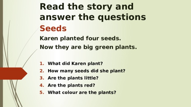 Read the story and  answer the questions Seeds Karen planted four seeds. Now they are big green plants.  What did Karen plant? How many seeds did she plant? Are the plants little? Are the plants red? What colour are the plants?    