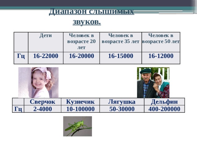 Диапазон слышимых звуков.    Дети Гц 16-22000 Человек в возрасте 20 лет Человек в возрасте 35 лет 16-20000 Человек в возрасте 50 лет 16-15000 16-12000   Гц Сверчок Кузнечик 2-4000 10-100000 Лягушка 50-30000 Дельфин 400-200000 
