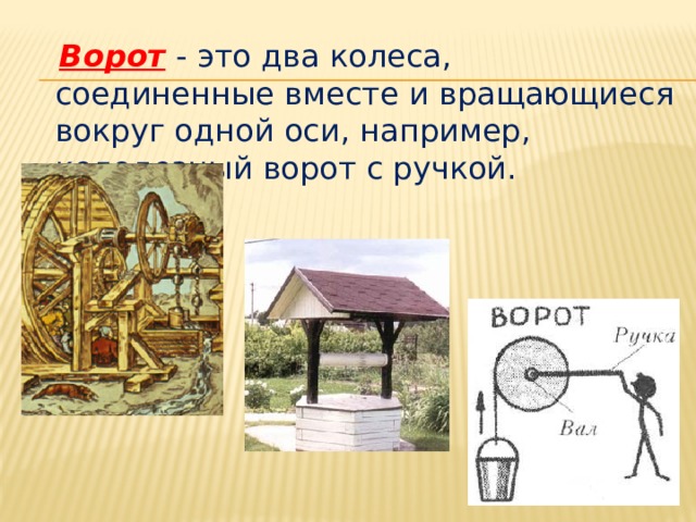   Ворот  - это два колеса, соединенные вместе и вращающиеся вокруг одной оси, например, колодезный ворот с ручкой. 