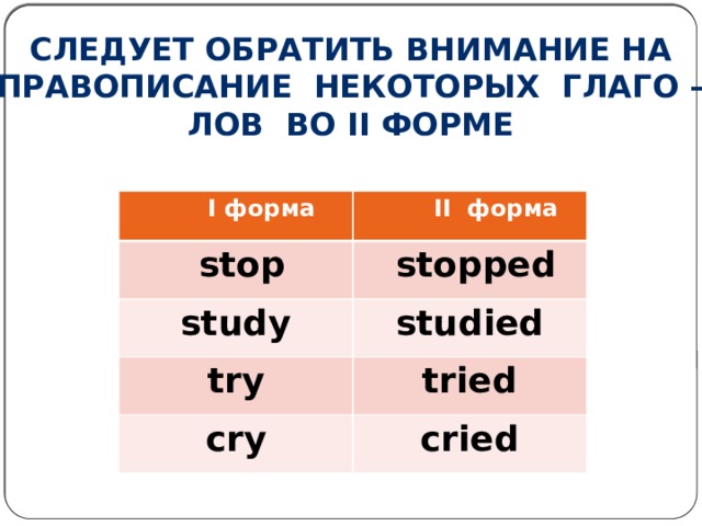 Следует обратить внимание на Правописание некоторых глаго – Лов во II форме  I форма  II форма  stop  stopped study studied try tried cry cried 