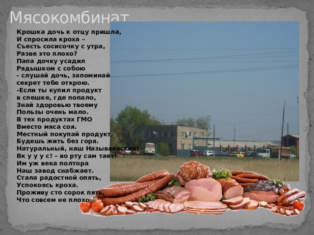 Мясокомбинат…   Крошка дочь к отцу пришла,  И спросила кроха –  Съесть сосисочку с утра,  Разве это плохо?  Папа дочку усадил  Рядышком с собою  - слушай дочь, запоминай  секрет тебе открою.  -Если ты купил продукт  в спешке, где попало,  Знай здоровью твоему  Пользы очень мало.  В тех продуктах ГМО  Вместо мяса соя.  Местный покупай продукт,  Будешь жить без горя.  Натуральный, наш Называевский!  Вк у у у с! – во рту сам тает!  Им уж века полтора  Наш завод снабжает.  Стала радостной опять,  Успокоясь кроха.  Проживу сто сорок пять,  Что совсем не плохо