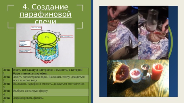 4. Создание парафиновой свечи Этап 1 Этап 2 Взять небольшую кастрюлю и ёмкость, в которой будет топиться парафин. Этап 3 Залить полкастрюли воды. Включить плиту, дождаться пока закипит вода. Выложить парафин в ёмкость, дождаться его топления. Этап 4 Этап 5 Выбрать желаемую форму. Этап 6 Зафиксировать фитиль. Этап 7 Дождаться его остывания. Добавить украшения.  
