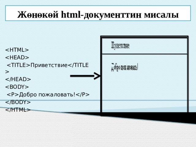 Жөнөкөй html-документтин мисалы     Приветствие     Добро пожаловать!   