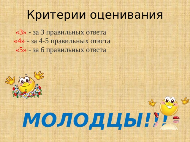 Критерии оценивания  «3» - за 3 правильных ответа «4» - за 4-5 правильных ответа  «5» - за 6 правильных ответа     МОЛОДЦЫ!!! 