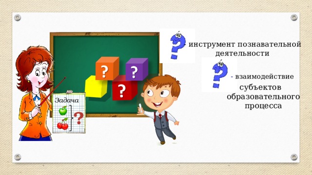 - инструмент познавательной деятельности - взаимодействие субъектов образовательного процесса Задача ? 