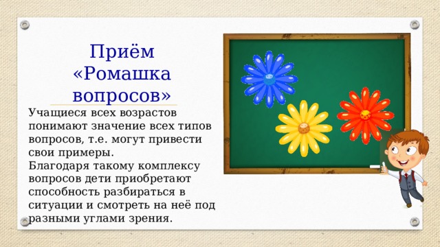 Приём «Ромашка вопросов» Учащиеся всех возрастов понимают значение всех типов вопросов, т.е. могут привести свои примеры. Благодаря такому комплексу вопросов дети приобретают способность разбираться в ситуации и смотреть на неё под разными углами зрения. 