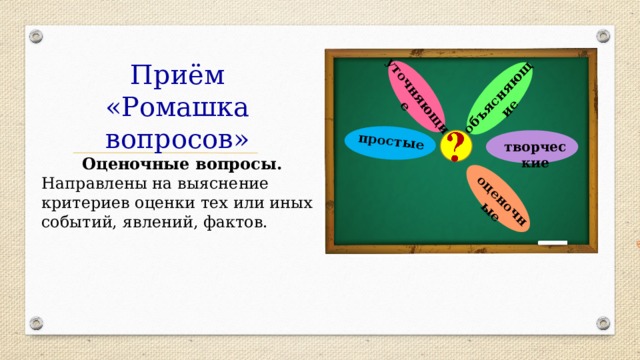     простые уточняющие объясняющие оценочные Приём «Ромашка вопросов»  творческие Оценочные вопросы. Направлены на выяснение критериев оценки тех или иных событий, явлений, фактов. 