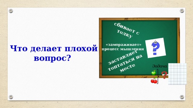 сбивает с толку заставляет топтаться на месте Что делает плохой вопрос? «замораживает» процесс мышления Задача ? 