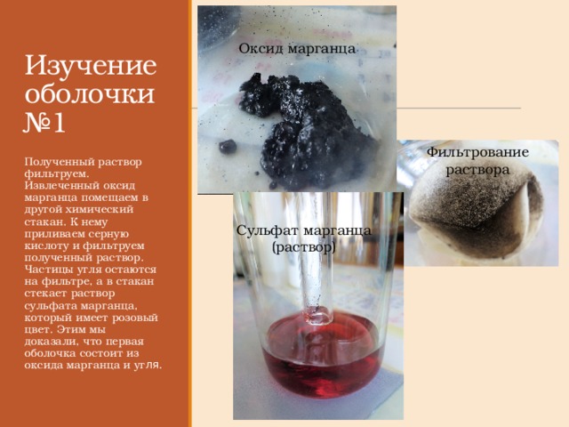 Изучение оболочки №1 Оксид марганца Фильтрование раствора Полученный раствор фильтруем. Извлеченный оксид марганца помещаем в другой химический стакан. К нему приливаем серную кислоту и фильтруем полученный раствор. Частицы угля остаются на фильтре, а в стакан стекает раствор сульфата марганца, который имеет розовый цвет. Этим мы доказали, что первая оболочка состоит из оксида марганца и уг ля. Сульфат марганца (раствор) 