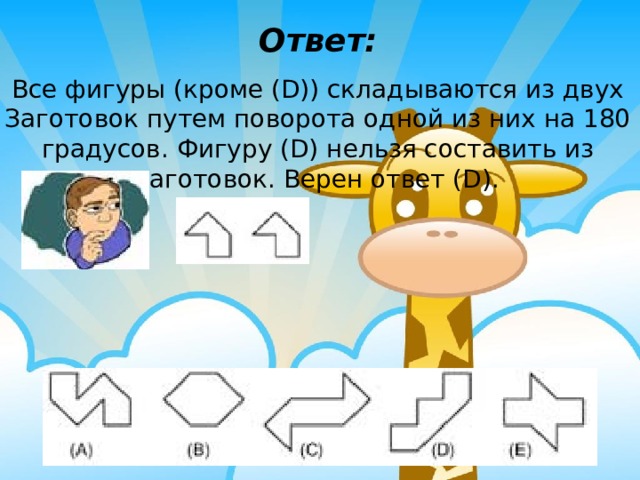 Ответ: Все фигуры (кроме (D)) складываются из двух Заготовок путем поворота одной из них на 180 градусов. Фигуру (D) нельзя составить из заготовок. Верен ответ (D). 