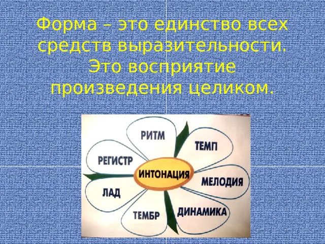 Форма – это единство всех средств выразительности. Это восприятие произведения целиком. 