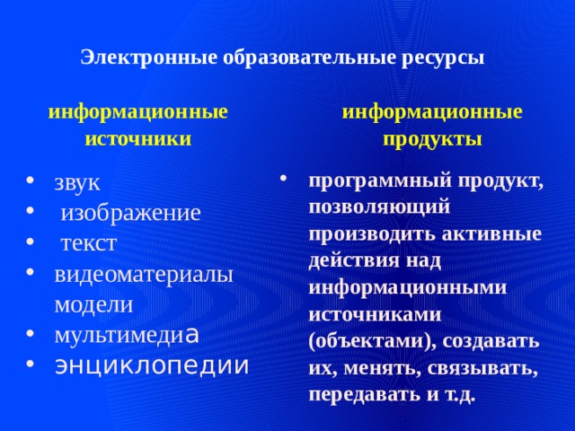 Электронные образовательные ресурсы информационные источники информационные продукты звук  изображение  текст видеоматериалы модели мультимеди а энциклопедии программный продукт, позволяющий производить активные действия над информационными источниками (объектами), создавать их, менять, связывать, передавать и т.д. 
