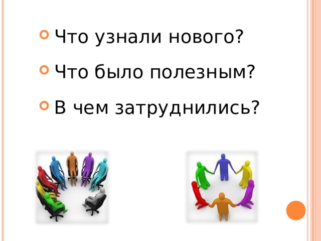  Что узнали нового?  Что было полезным?  В чем затруднились? 