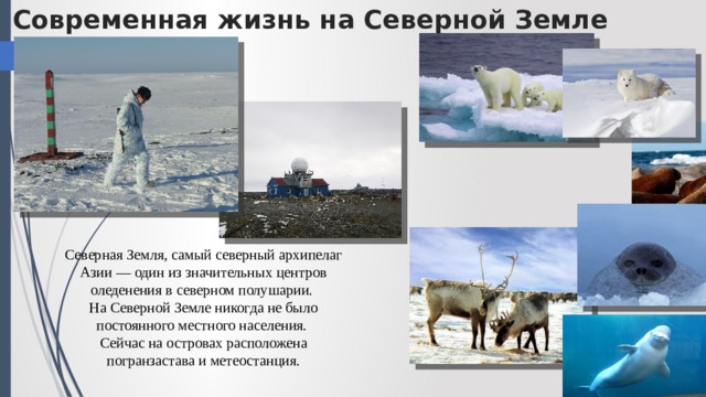 Современная жизнь на Северной Земле Северная Земля, самый северный архипелаг Азии — один из значитель­ных центров оледенения в северном полушарии. На Северной Земле никогда не было постоянного местного населения. Сейчас на островах расположена погранзастава и метеостанция. 