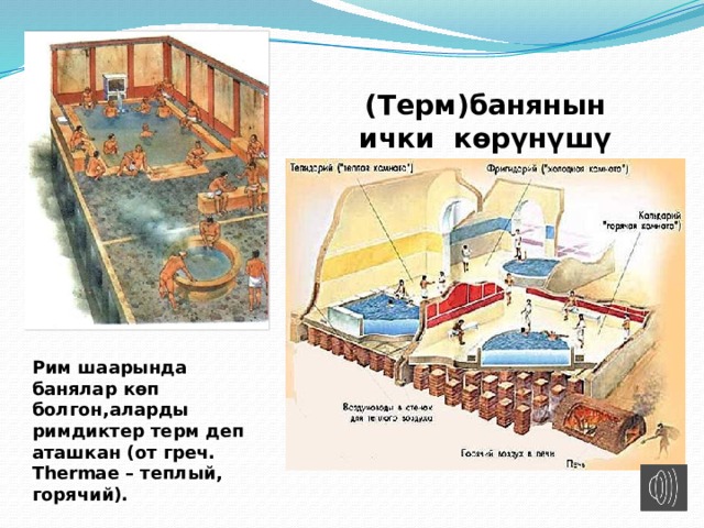 (Терм)банянын ички көрүнүшү Рим шаарында банялар көп болгон,аларды римдиктер терм деп аташкан (от греч. Thermae – теплый, горячий). 