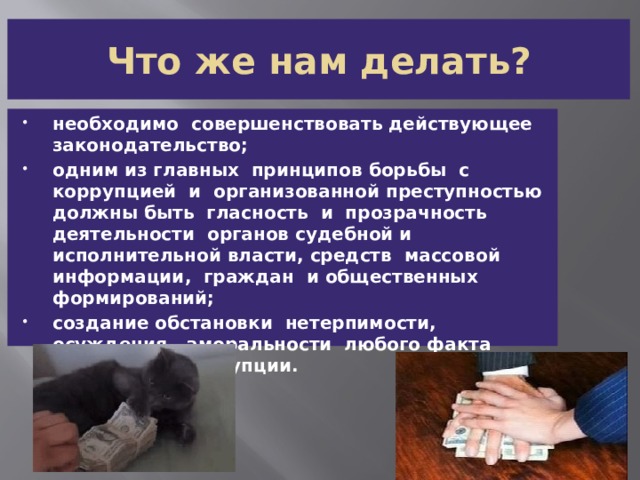 Что же нам делать? необходимо совершенствовать действующее законодательство; одним из главных принципов борьбы с коррупцией и организованной преступностью должны быть гласность и прозрачность деятельности органов судебной и исполнительной власти, средств массовой информации, граждан и общественных формирований; создание обстановки нетерпимости, осуждения, аморальности любого факта проявления коррупции. 