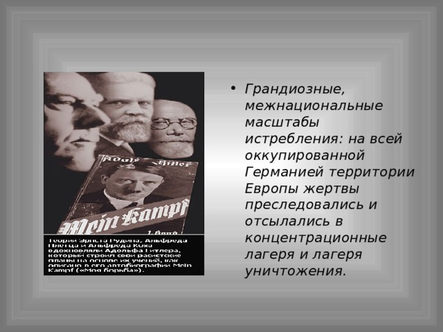 Грандиозные, межнациональные масштабы истребления: на всей оккупированной Германией территории Европы жертвы преследовались и отсылались в концентрационные лагеря и лагеря уничтожения. 