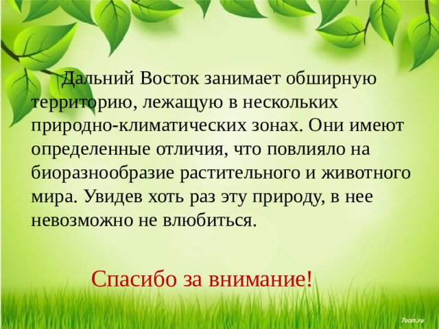  Дальний Восток занимает обширную территорию, лежащую в нескольких природно-климатических зонах. Они имеют определенные отличия, что повлияло на биоразнообразие растительного и животного мира. Увидев хоть раз эту природу, в нее невозможно не влюбиться.  Спасибо за внимание! 
