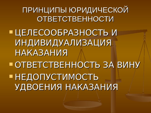 ПРИНЦИПЫ ЮРИДИЧЕСКОЙ ОТВЕТСТВЕННОСТИ ЦЕЛЕСООБРАЗНОСТЬ И ИНДИВИДУАЛИЗАЦИЯ НАКАЗАНИЯ ОТВЕТСТВЕННОСТЬ ЗА ВИНУ НЕДОПУСТИМОСТЬ УДВОЕНИЯ НАКАЗАНИЯ 