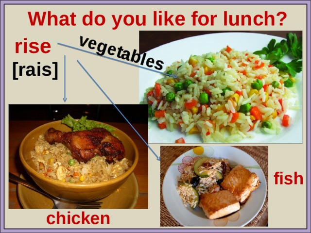 vegetables What do you like for lunch? rise [rais] fish chicken 