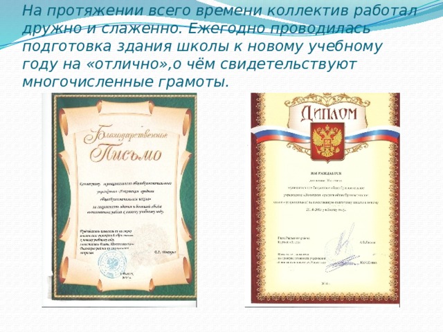На протяжении всего времени коллектив работал дружно и слаженно. Ежегодно проводилась подготовка здания школы к новому учебному году на «отлично»,о чём свидетельствуют многочисленные грамоты. 