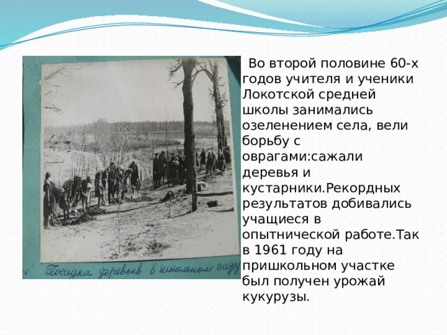  Во второй половине 60-х годов учителя и ученики Локотской средней школы занимались озеленением села, вели борьбу с оврагами:сажали деревья и кустарники.Рекордных результатов добивались учащиеся в опытнической работе.Так в 1961 году на пришкольном участке был получен урожай кукурузы. 