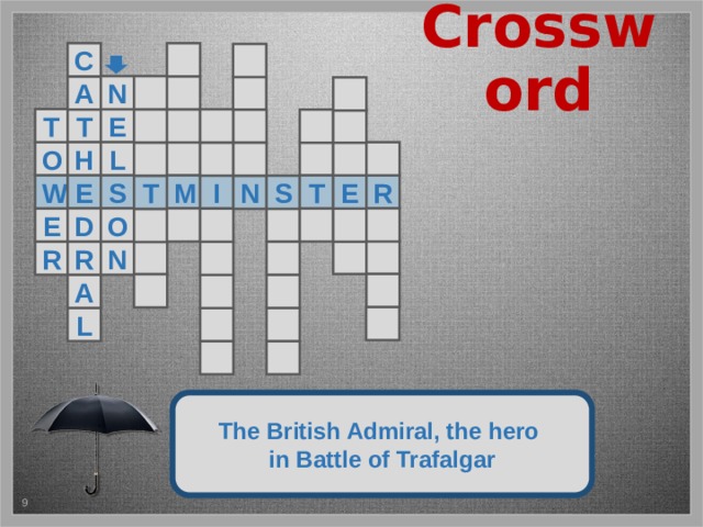 Crossword C   N   A   T E T       H O   L      W E M S R T E I S T N  E D  O          R R N     A     L   The British Admiral, the hero in Battle of Trafalgar 5 