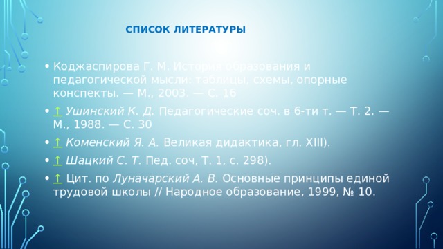 Список литературы   Коджаспирова Г. М. История образования и педагогической мысли: таблицы, схемы, опорные конспекты. — М., 2003. — С. 16 ↑   Ушинский К. Д.  Педагогические соч. в 6-ти т. — Т. 2. — М., 1988. — С. 30 ↑   Коменский Я. А.  Великая дидактика, гл. XIII). ↑   Шацкий С. Т.  Пед. соч, Т. 1, с. 298). ↑   Цит. по  Луначарский А. В.  Основные принципы единой трудовой школы // Народное образование, 1999, № 10. 