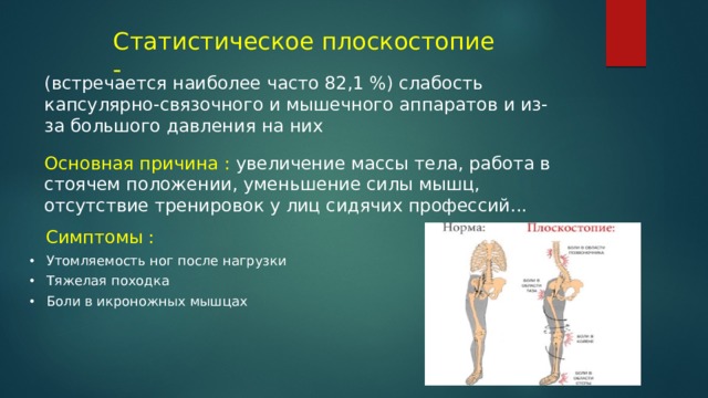 Статистическое плоскостопие - (встречается наиболее часто 82,1 %) слабость капсулярно-связочного и мышечного аппаратов и из-за большого давления на них Основная причина : увеличение массы тела, работа в стоячем положении, уменьшение силы мышц, отсутствие тренировок у лиц сидячих профессий... Симптомы : Утомляемость ног после нагрузки Тяжелая походка Боли в икроножных мышцах 