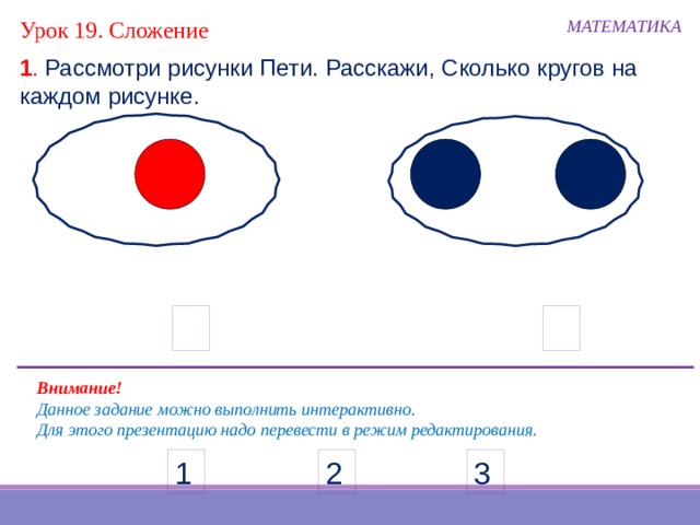 МАТЕМАТИКА Урок 19. Сложение 1 . Рассмотри рисунки Пети. Расскажи, Сколько кругов на каждом рисунке. Внимание! Данное задание можно выполнить интерактивно. Для этого презентацию надо перевести в режим редактирования. 1 3 2 