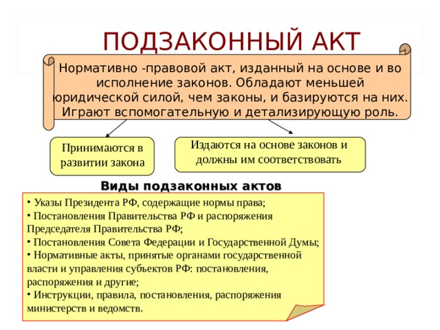 ВИДЫ ЗАКОНОВ РФ Федеральные конституционные Основные Субъектов РФ Федеральные Конституция РФ, конституции республик в составе РФ Законы, уставы субъектов РФ. Не могут противоречить федеральным конституционным  законам. Принимаются по предметам ведения РФ и по предметам совместного ведения РФ и субъектов РФ. Не могут противоречить федеральным конституционным законам. Принимаются по предметам ведения РФ, а также в случаях, прямо предусмотренных в Конституции РФ 