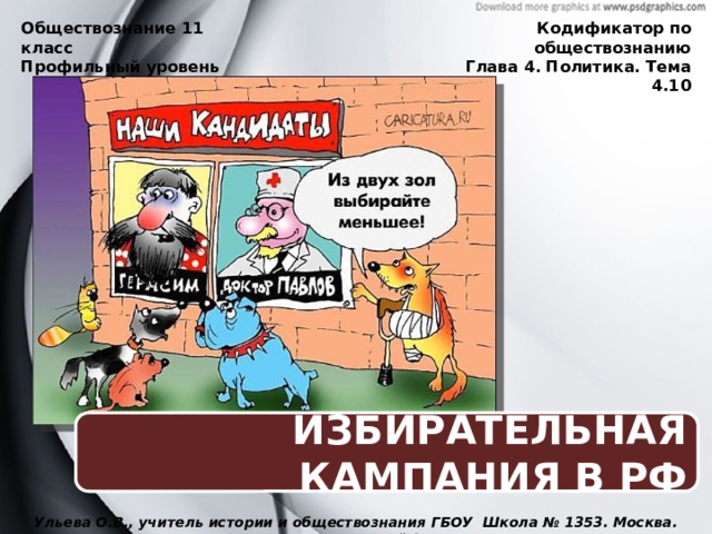 Обществознание 11 класс  Профильный уровень Кодификатор по обществознанию Глава 4. Политика. Тема 4.10 ИЗБИРАТЕЛЬНАЯ КАМПАНИЯ В РФ Ульева О.В., учитель истории и обществознания ГБОУ Школа № 1353. Москва. Зеленоградский АО.  