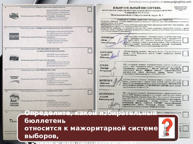Определите, какой избирательный бюллетень относится к мажоритарной системе выборов, а какой к пропорциональной? 