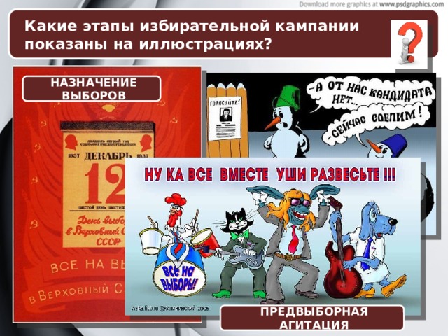 Какие этапы избирательной кампании показаны на иллюстрациях? НАЗНАЧЕНИЕ ВЫБОРОВ ВЫДВИЖЕНИЕ КАНДИДАТОВ ПРЕДВЫБОРНАЯ АГИТАЦИЯ 