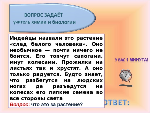 Индейцы назвали это растение «след белого человека». Оно необычное — почти ничего не боится. Его топчут сапогами, мнут колесами. Прожилки на листьях так и хрустят. А оно только радуется. Будто знает, что разбегутся на людских ногах да разъедутся на колесах его липкие семена во все стороны света Вопрос : что это за растение? 