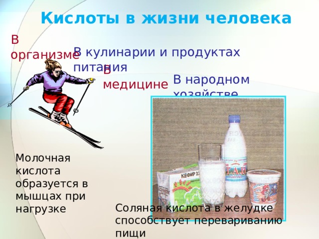 Кислоты в жизни человека В организме В кулинарии и продуктах питания В медицине В народном хозяйстве Молочная кислота образуется в мышцах при нагрузке Соляная кислота в желудке способствует перевариванию пищи 