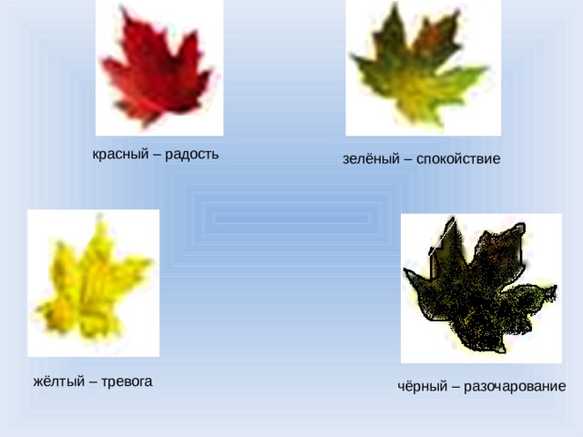 красный – радость зелёный – спокойствие жёлтый – тревога чёрный – разочарование 