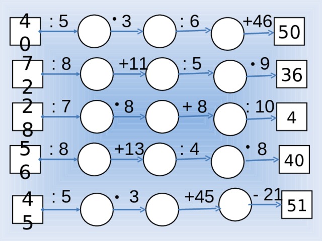 : 6  3 : 5 +46 40 50  9 : 5 +11 : 8 72 36  8 + 8 : 10 : 7 28 4 : 8 +13 : 4  8 40 56 - 21 : 5  3 +45 51 45 