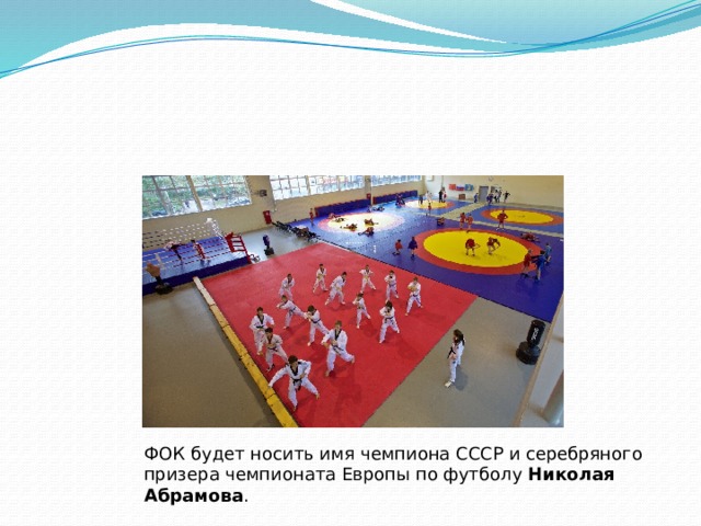 ФОК будет носить имя чемпиона СССР и серебряного призера чемпионата Европы по футболу  Николая Абрамова . 