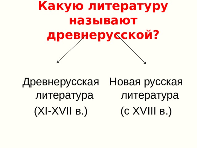 Какую литературу называют древнерусской? Древнерусская литература ( XI-XVII в.) Новая русская литература (с XVIII в.) 