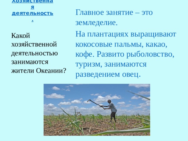 Хозяйственная деятельность.   Главное занятие – это земледелие. На плантациях выращивают кокосовые пальмы, какао, кофе. Развито рыболовство, туризм, занимаются разведением овец . Какой хозяйственной деятельностью занимаются жители Океании?   