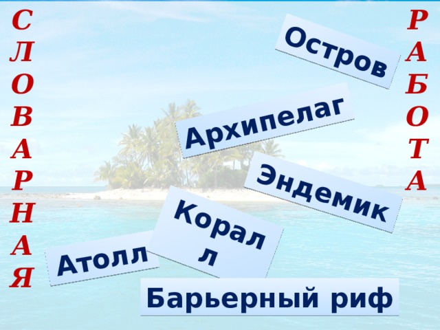 СЛОВАРНАЯ РАБОТА Остров Архипелаг Эндемик Атолл Коралл Барьерный риф 