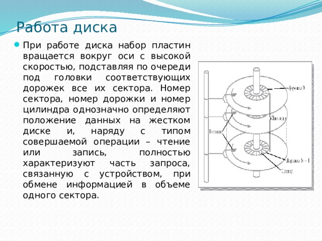 Работа диска При работе диска набор пластин вращается вокруг оси с высокой скоростью, подставляя по очереди под головки соответствующих дорожек все их сектора. Номер сектора, номер дорожки и номер цилиндра однозначно определяют положение данных на жестком диске и, наряду с типом совершаемой операции – чтение или запись, полностью характеризуют часть запроса, связанную с устройством, при обмене информацией в объеме одного сектора. 