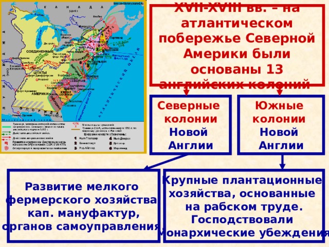XVII-XVIII вв. – на атлантическом побережье Северной Америки были основаны 13 английских колоний Северные колонии Южные колонии  Новой Англии Новой Англии Крупные плантационные хозяйства, основанные на рабском труде. Господствовали монархические убеждения Развитие мелкого фермерского хозяйства, кап. мануфактур, органов самоуправления. 