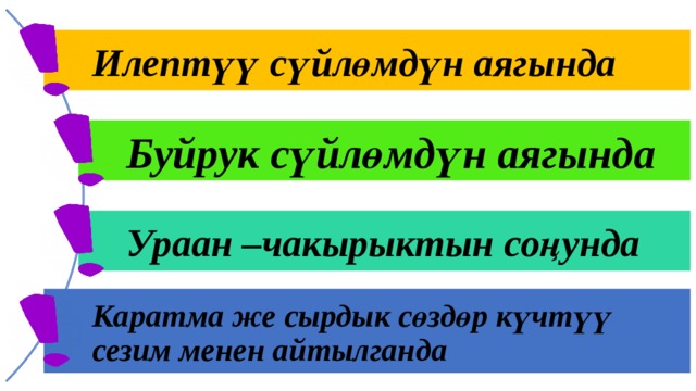 Илептүү сүйлөмдүн аягында Буйрук сүйлөмдүн аягында Ураан –чакырыктын соңунда Каратма же сырдык сөздөр күчтүү сезим менен айтылганда 