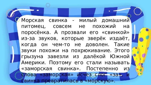 Морская свинка - милый домашний питомец, совсем не похожий на поросёнка. А прозвали его «свинкой» из-за звуков, которые зверёк издаёт, когда он чем-то не доволен. Такие звуки похожи на похрюкивание. Этого грызуна завезли из далёкой Южной Америки. Поэтому его стали называть «заморская свинка». Постепенно из слова «заморская» исчез слог «за», и свинка превратилась в «морскую». 