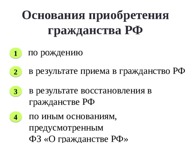 Основания приобретения гражданства РФ   по рождению 1 в результате приема в гражданство РФ 2 в результате восстановления в гражданстве РФ 3 по иным основаниям, предусмотренным ФЗ «О гражданстве РФ» 4  