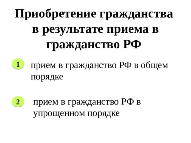 Приобретение гражданства в результате приема в гражданство РФ   прием в гражданство РФ в общем порядке 1 прием в гражданство РФ в упрощенном порядке 2 